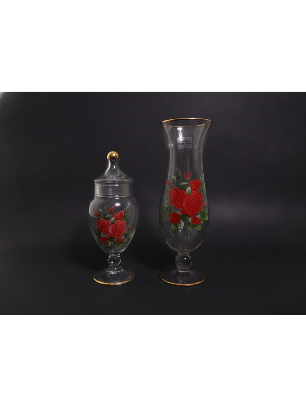 Vintage Viking Glass Red Rose Lidded Candy Dish & Bud Vase Pair Gold Trim